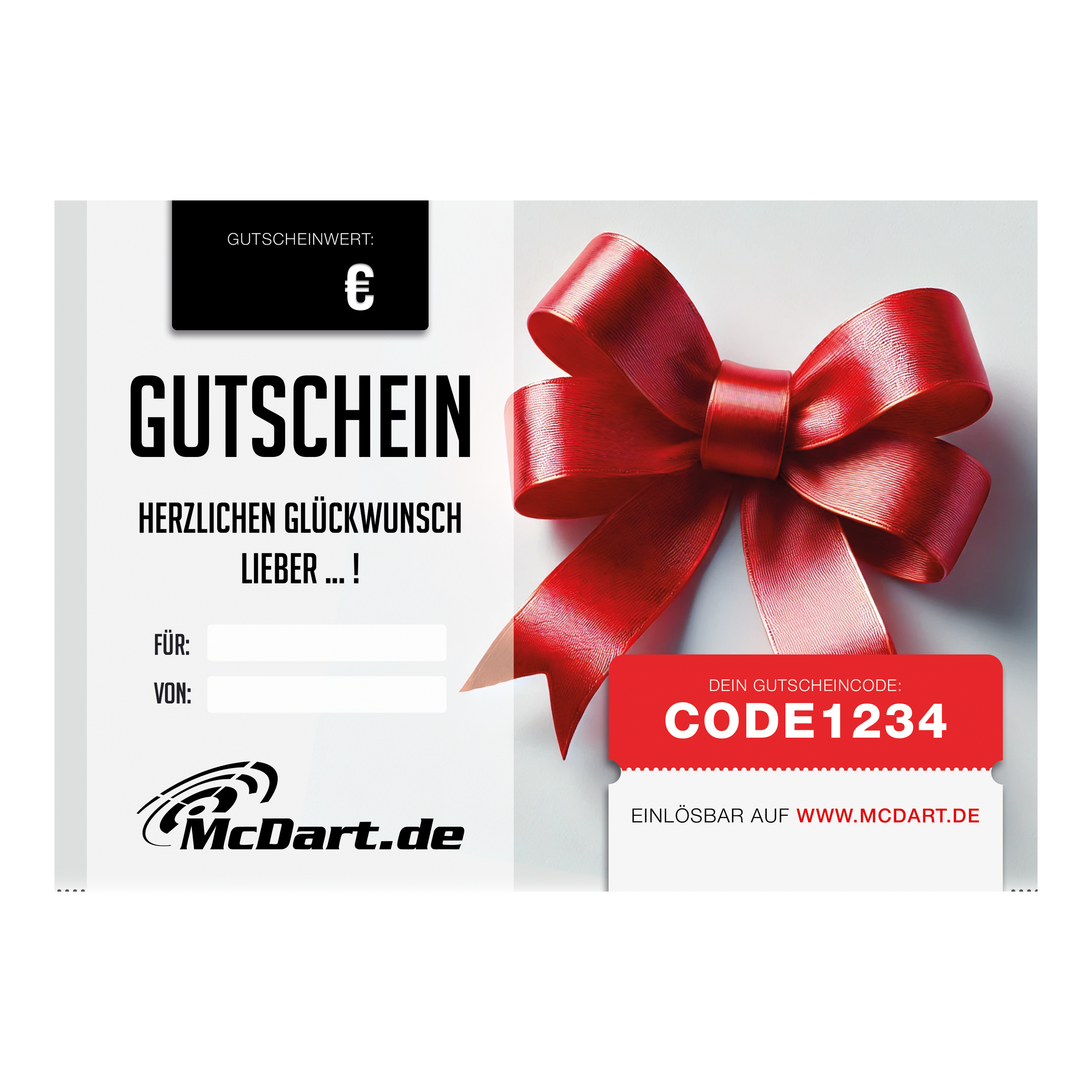 Das Bild zeigt einen Gutschein mit einer großen roten Schleife. Auf dem Gutschein steht „Herzlichen Glückwunsch“ und es gibt ein Feld für den Gutscheinwert sowie einen Gutscheincode.